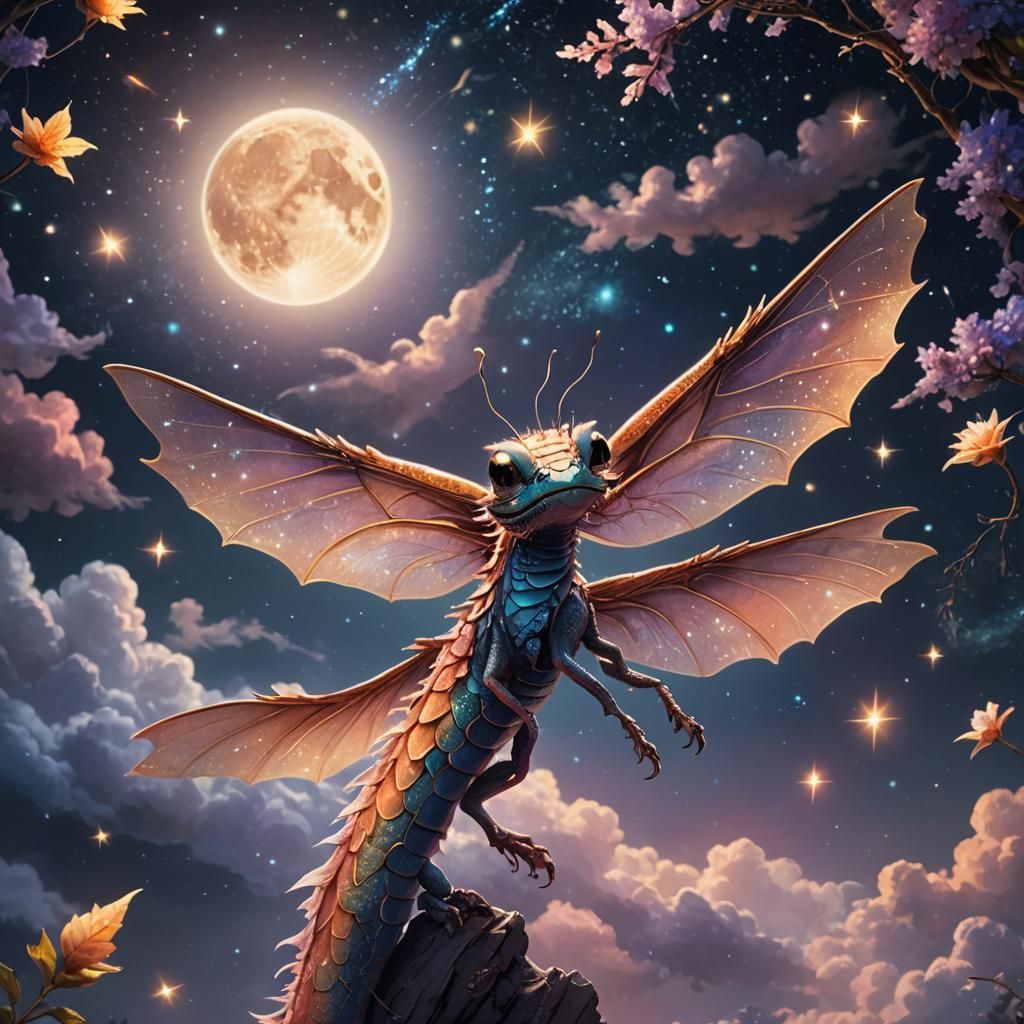Cute Dragon Flight Through Starry Night