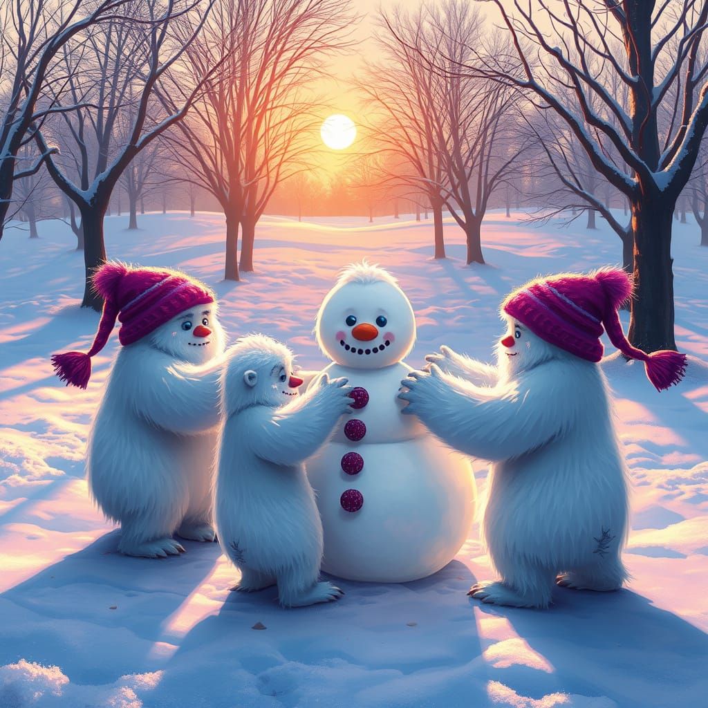 Yetis Building a Snowman in Vibrant Digital Painting