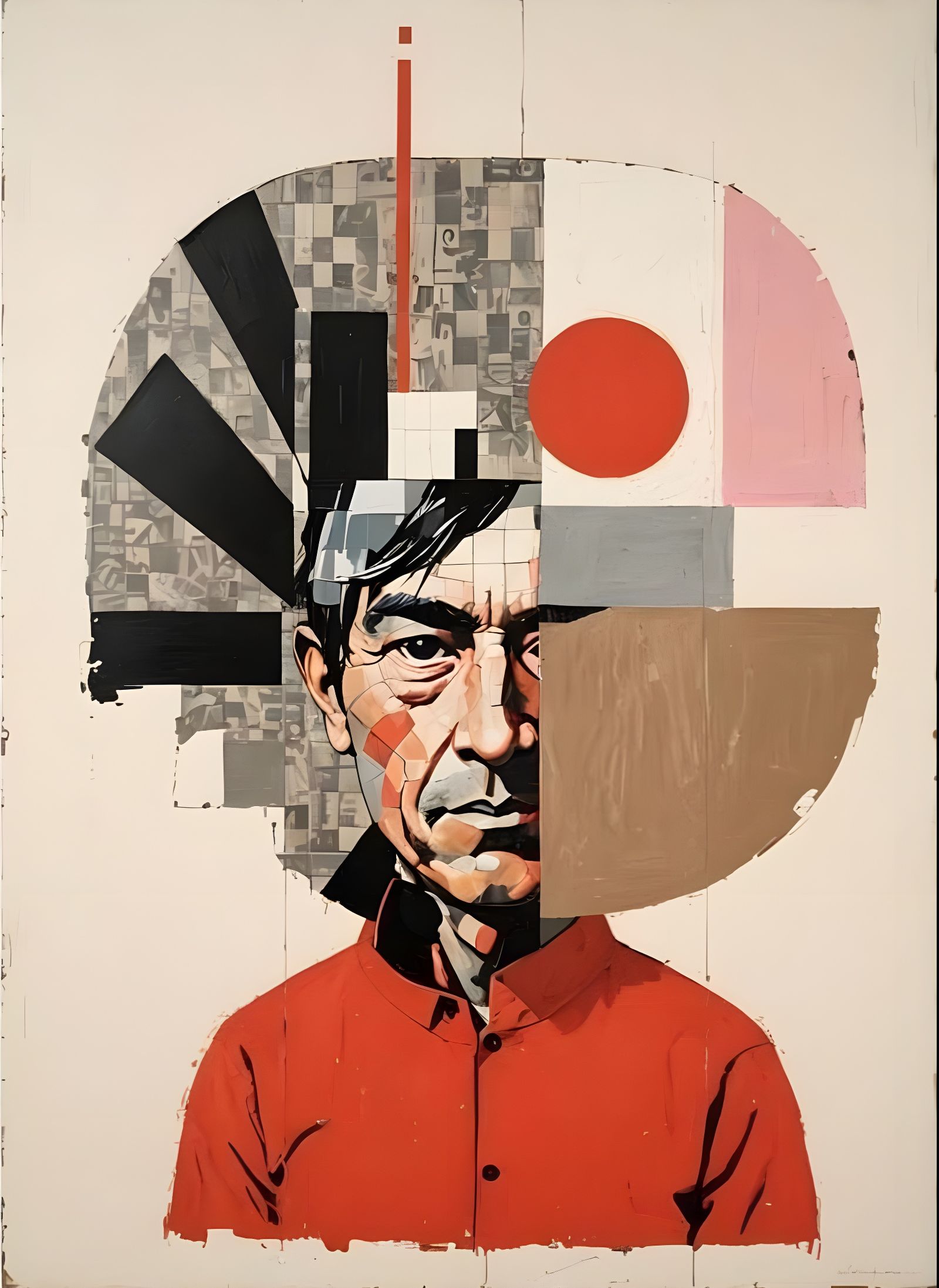 Abstract Portrait with Checkerboard and Red Outline Shape