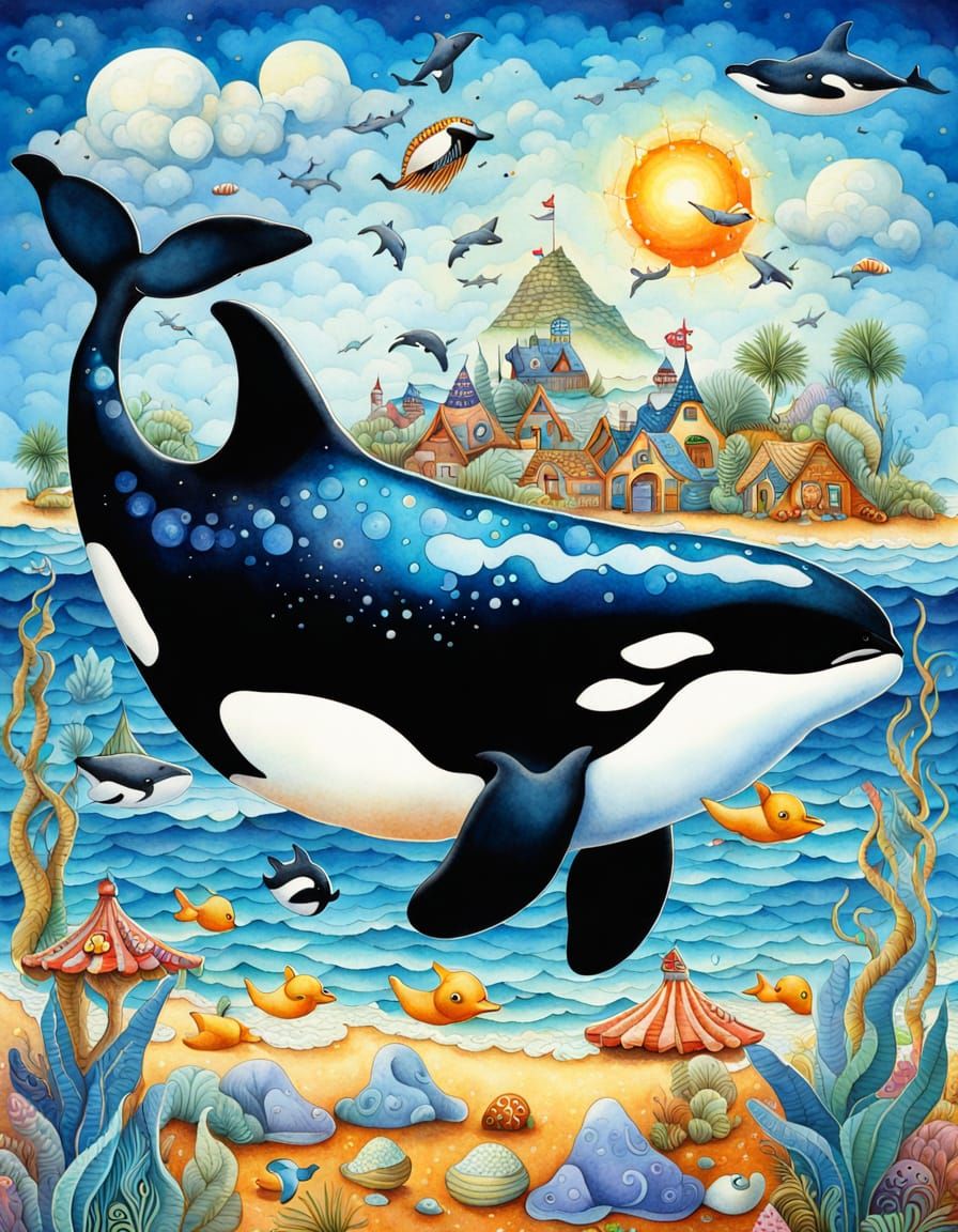 Whale's Beach Holiday: A Surrealist Watercolor