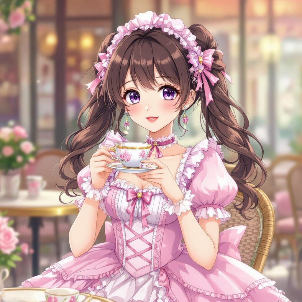 Coquette Anime Girl with Teacup in Paris Cafe