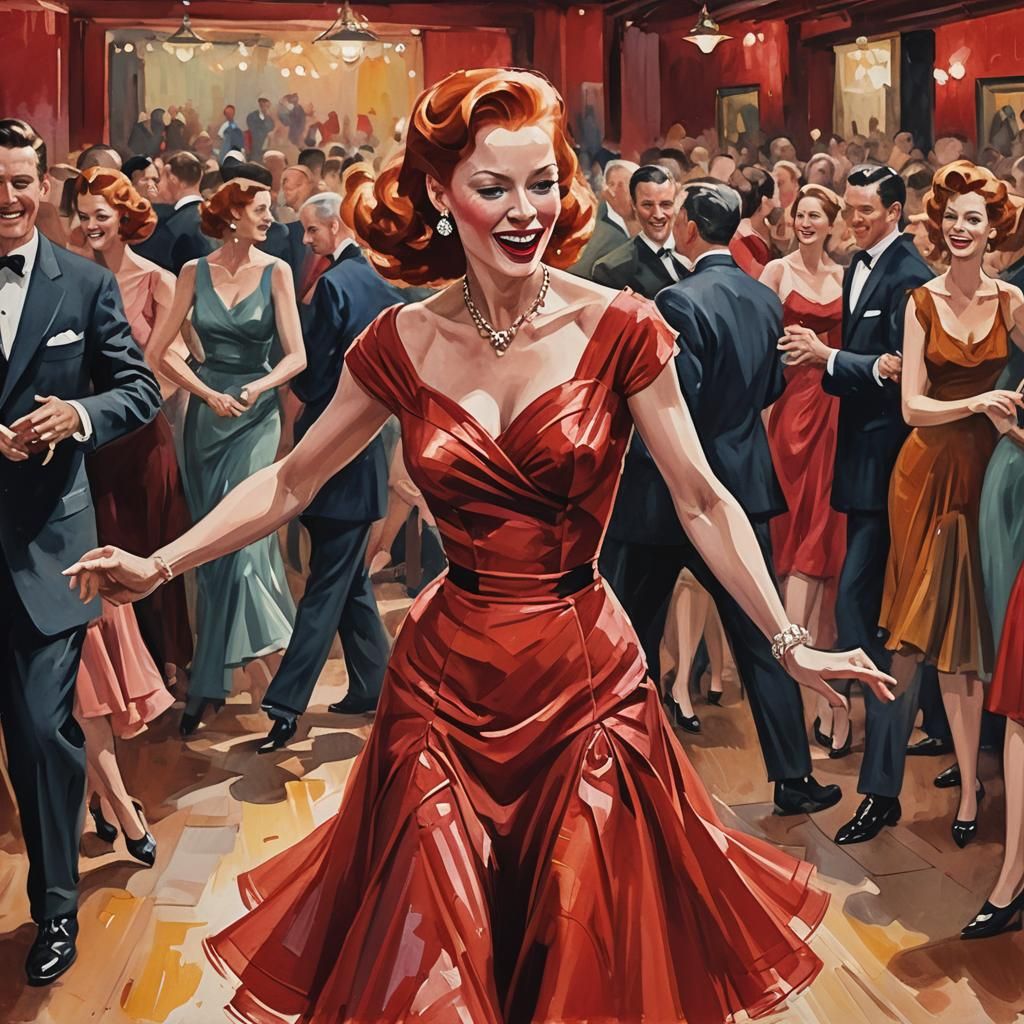 Glamorous Redhead Dancing: A Gouache Painting