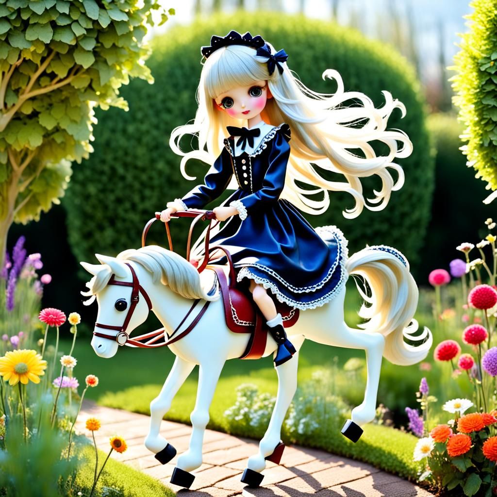 Whimsically, slender doll with tousled hair rides a horse in...