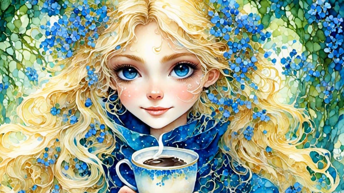 Beautiful Blonde Woman Enjoying Coffee Surrounded by Bluebel...