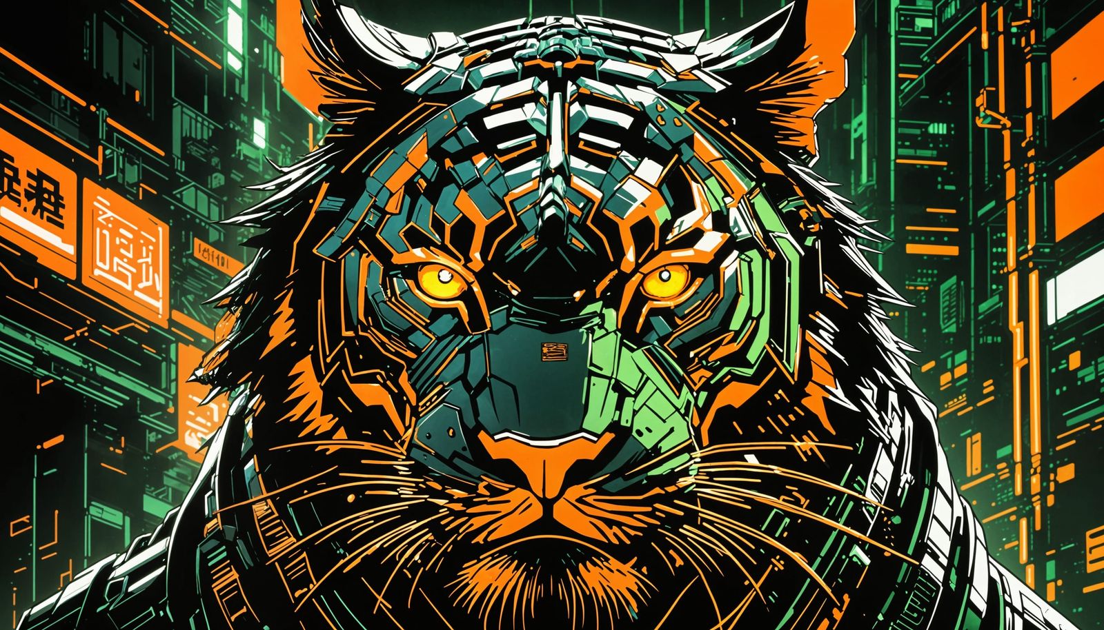 Cybernetic Tiger Roams Neon Streets in Cyberpunk Manga