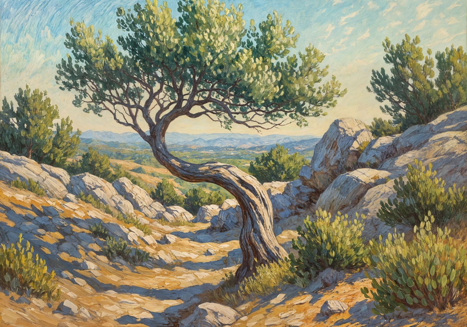 Impressionistic French Landscape with Windy Trees in Silver-...