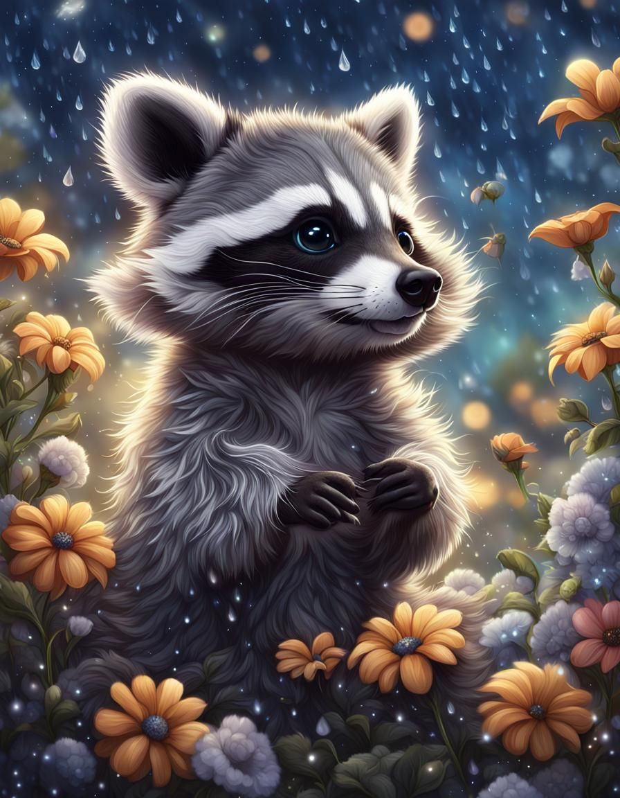 Fantasy Baby Raccoon Playing in Flower Rain