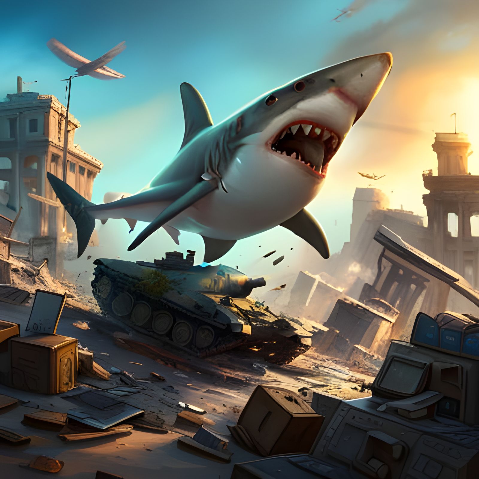 Shark General Driving Tank in Ruined City