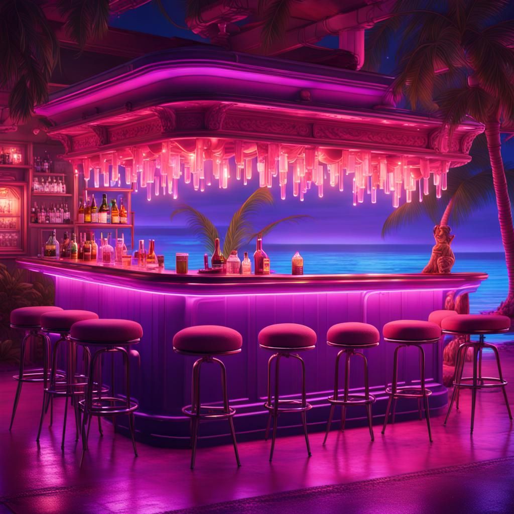 Pop Art Beach Bar at Night in Purple and Pink
