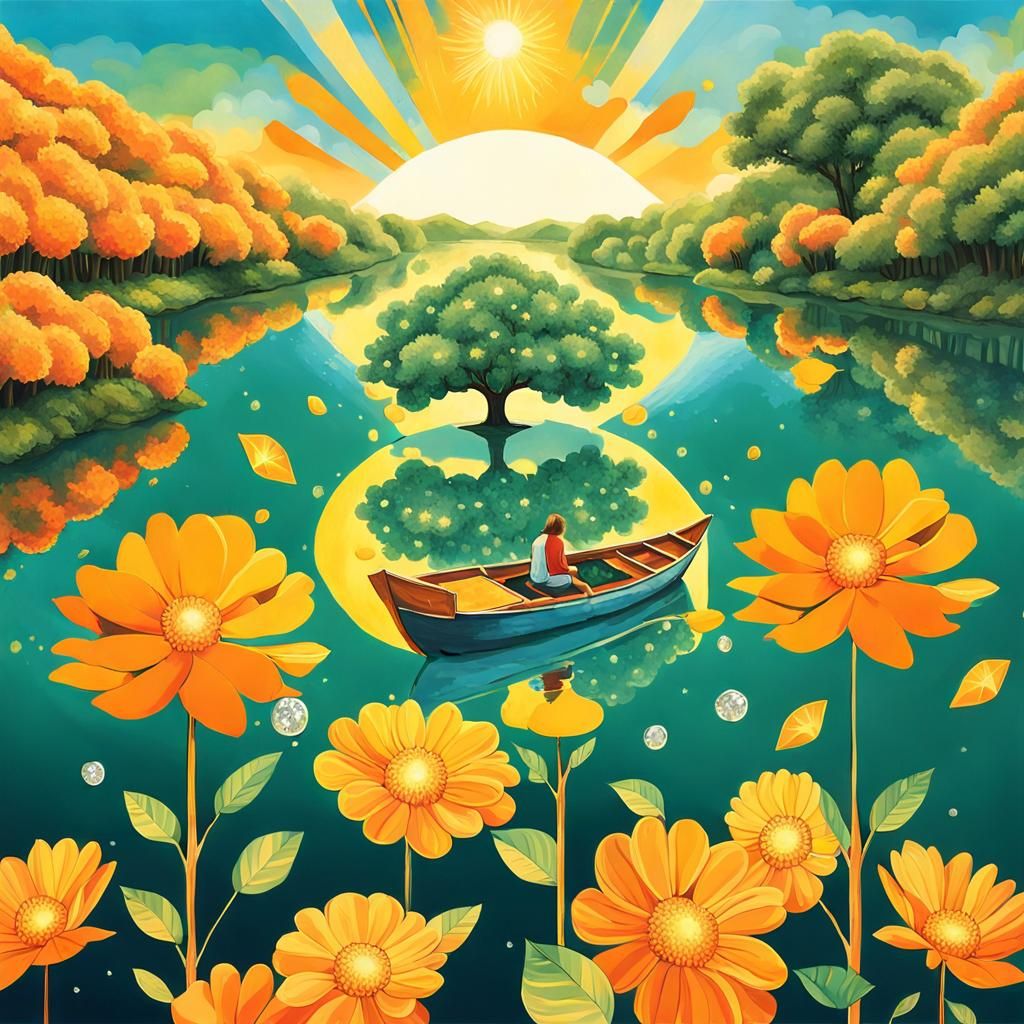 Surreal River Journey with Tangerine Trees