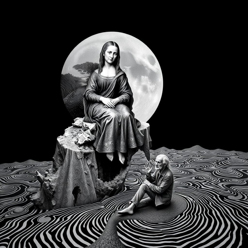 Renaissance Icon Meets Surrealist Master in a B&W Cosmic Sce...
