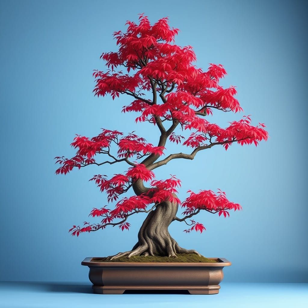 Vibrant Crimson Bonsai Tree in Soft Blue Hues