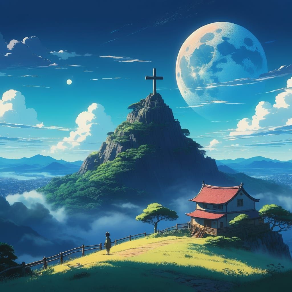 Glowing Holy Cross Illuminated by a Vibrant Full Moon