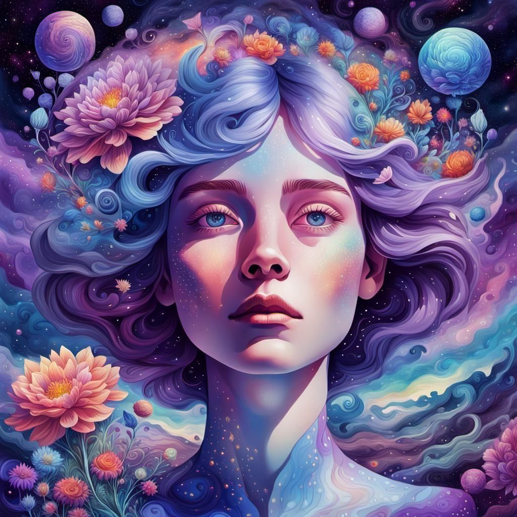 Alice in Cosmic Wonderland: Astral Mixed Media Illustration