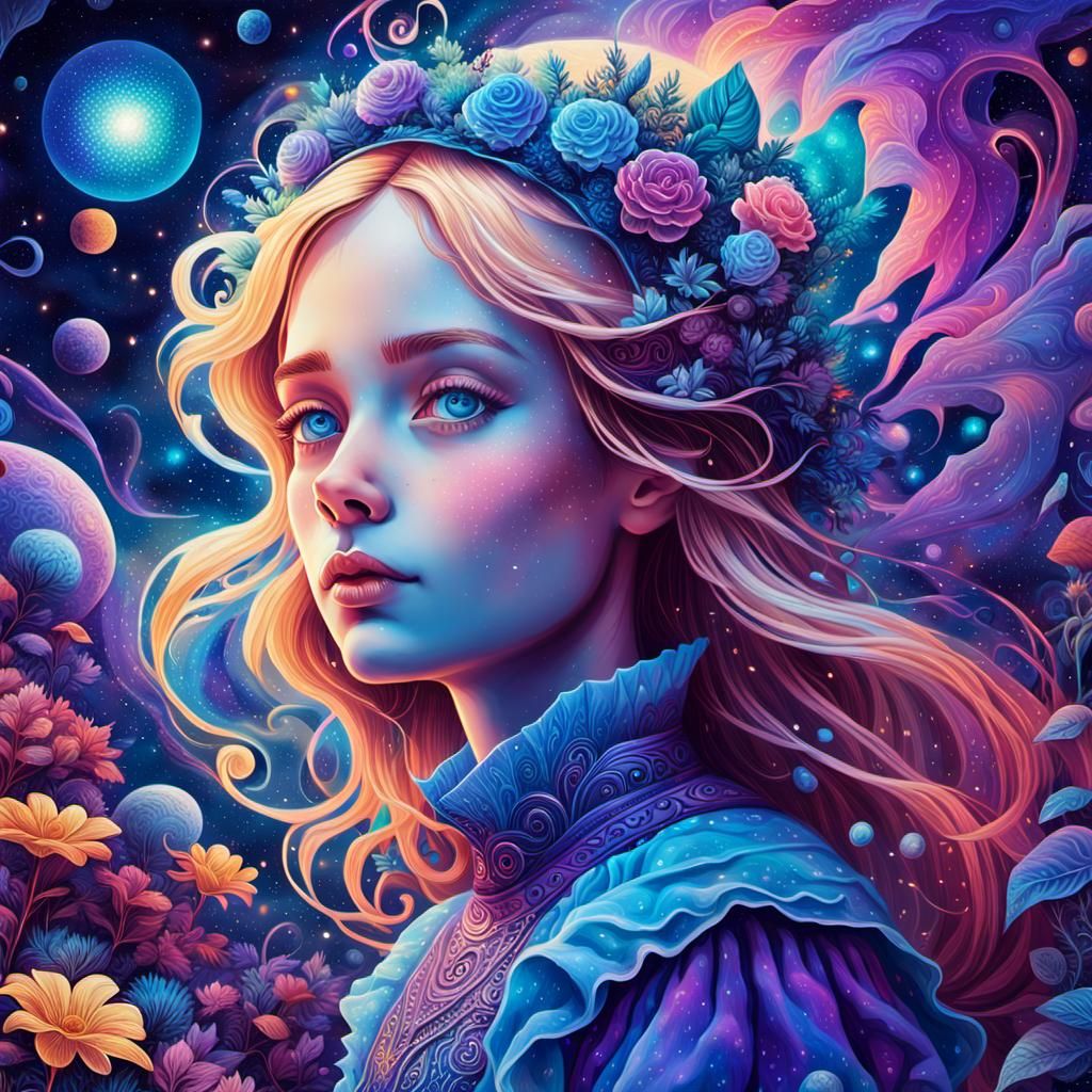 Alice in Wonderland: Surreal Cosmic Mixed Media Art