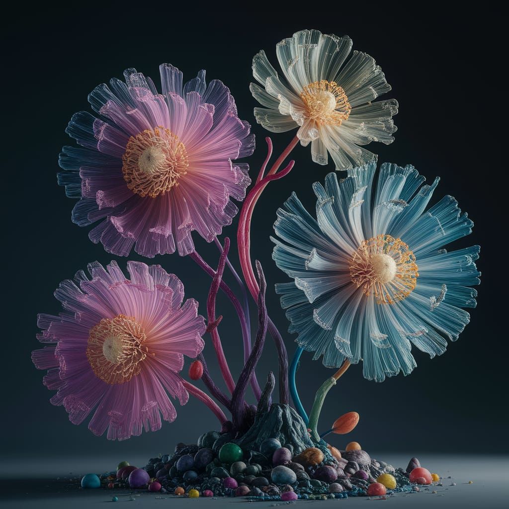 Colorful Translucent Flowers in Encaustic Style