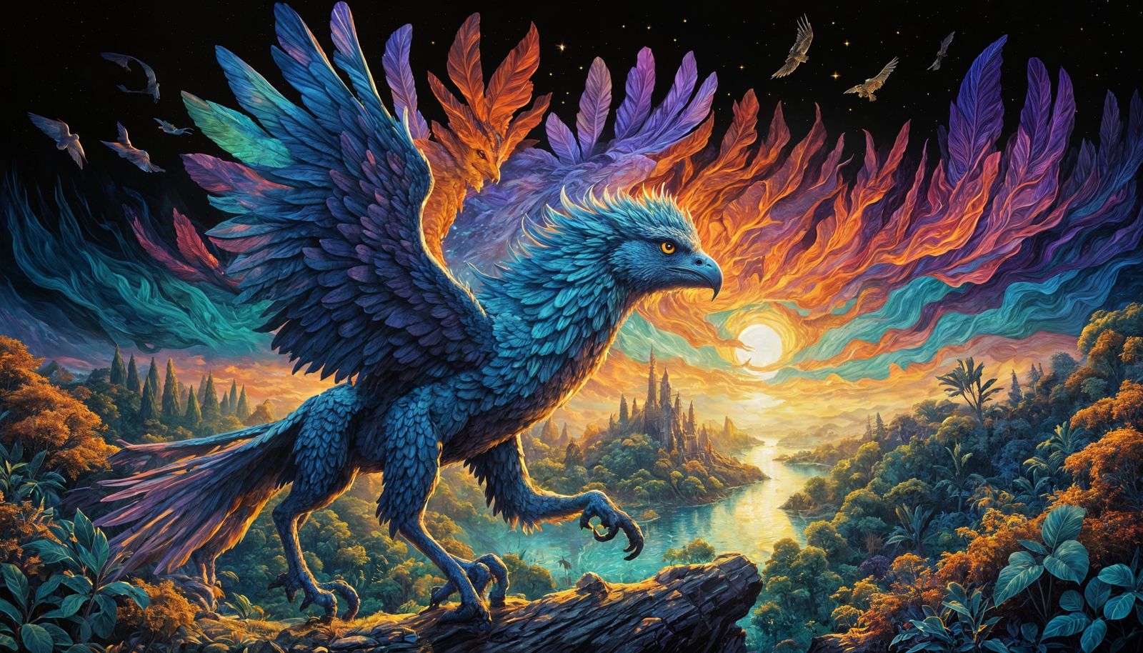 Griffin Soaring Over Bioluminescent Jungle, Neo-Impressionis...