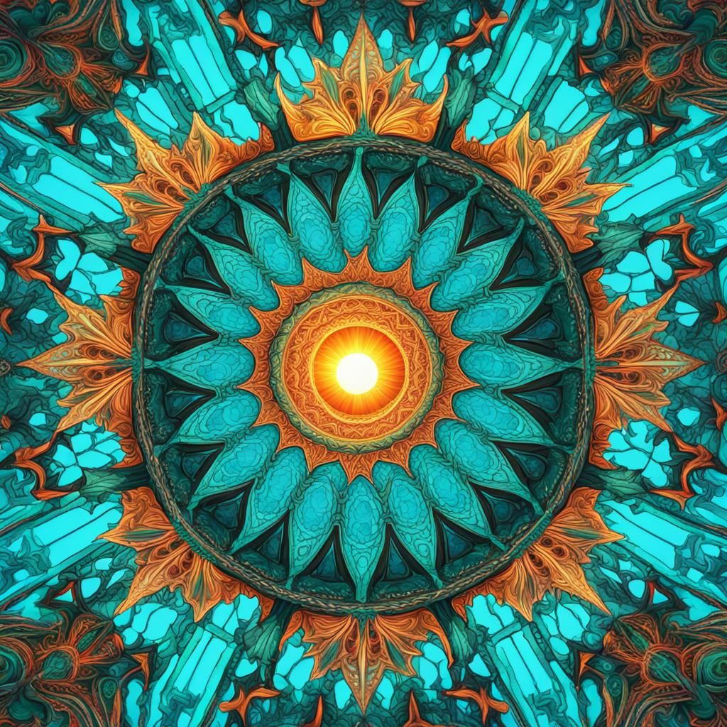 Kaleidoscopic Sunset with Turquoise Sun
