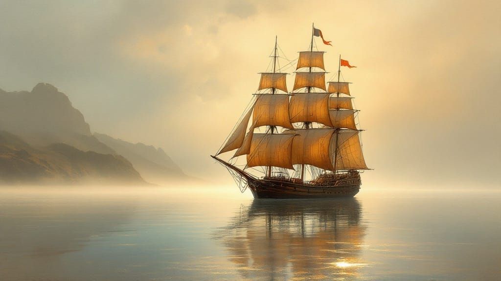 Sailing Ship at Dawn in Art Nouveau Style