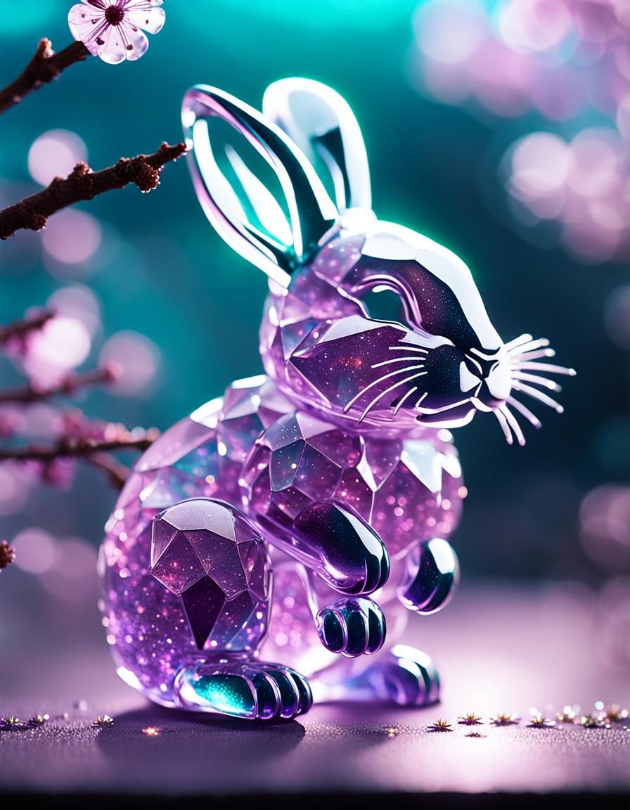 Rabbit in light purple, made of glass. On a cherry blossom