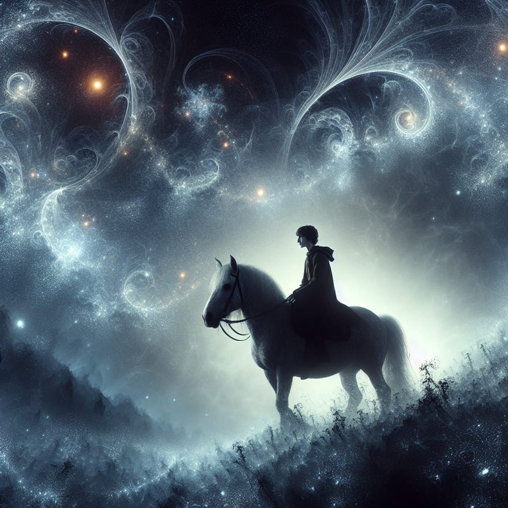 Hobbit Silhouette on Pony in Misty Landscape