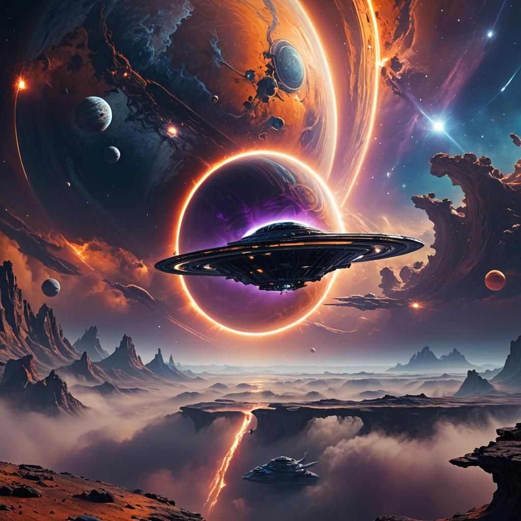 Spaceship Orbiting Gas Giant in Surreal Sci-Fi Landscape