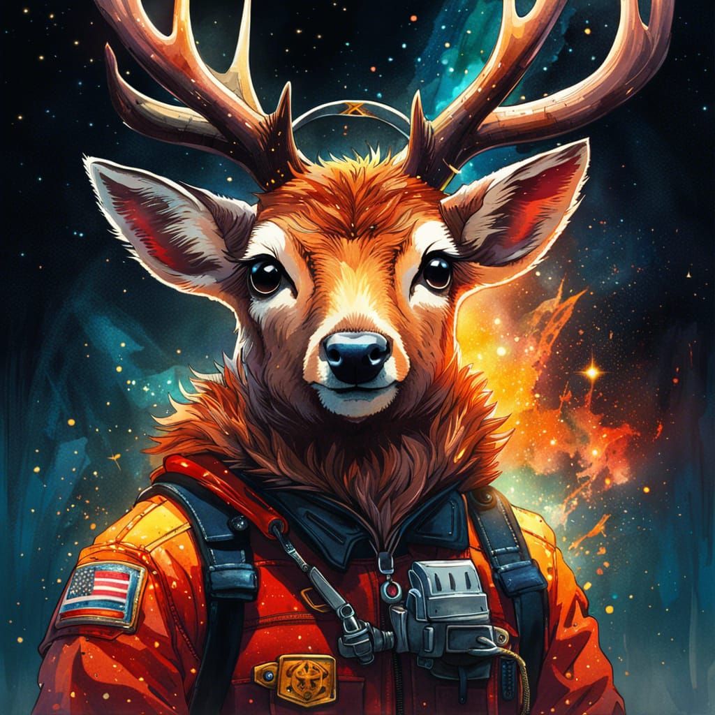 Anime Deer Firefighter Portrait in Watercolor Style