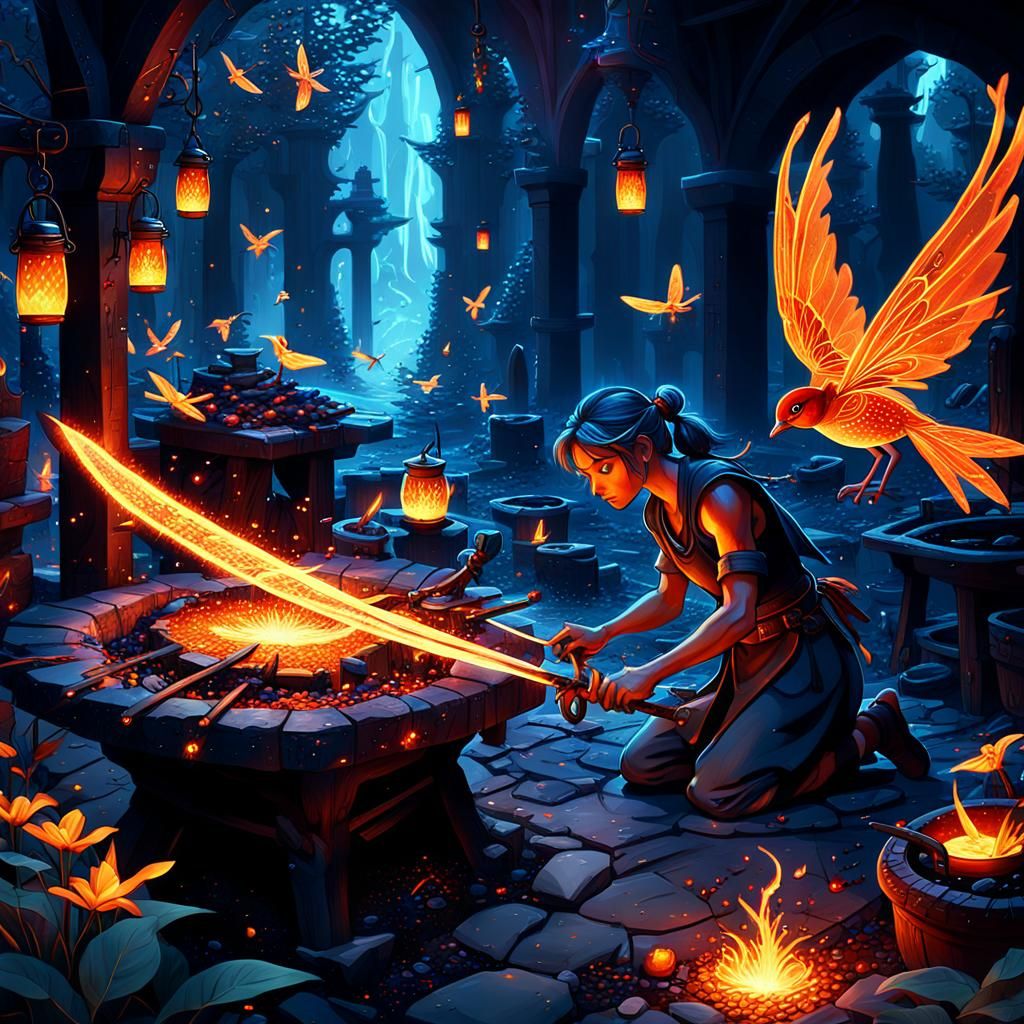 A fairy blacksmith crafting a magical sword in a forge power...