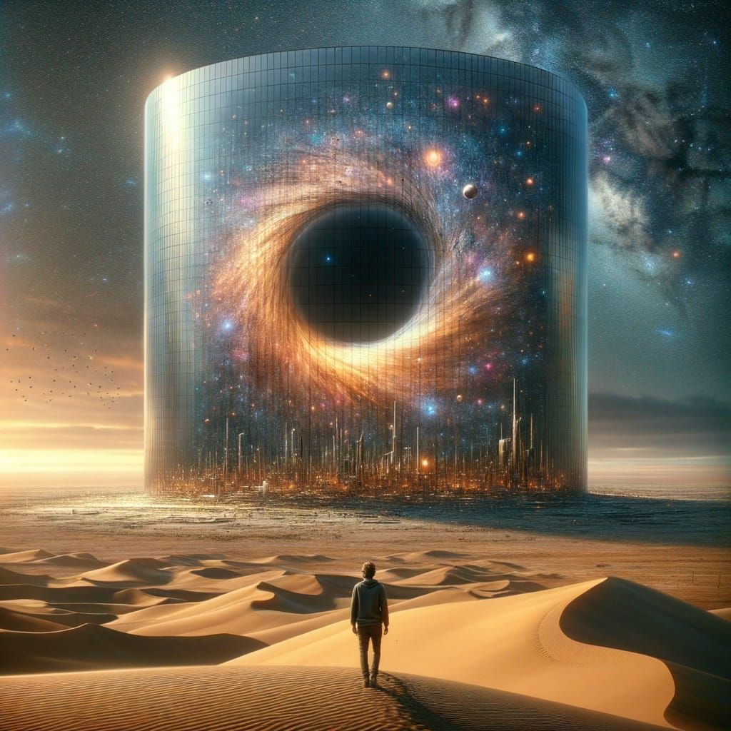 Giant Glass Tower Reflects Cosmic Galaxy in Desert