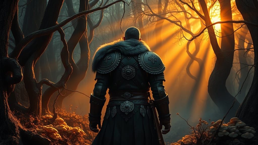 Viking King Emerges from Mystical Forest in Sunlit Splendor