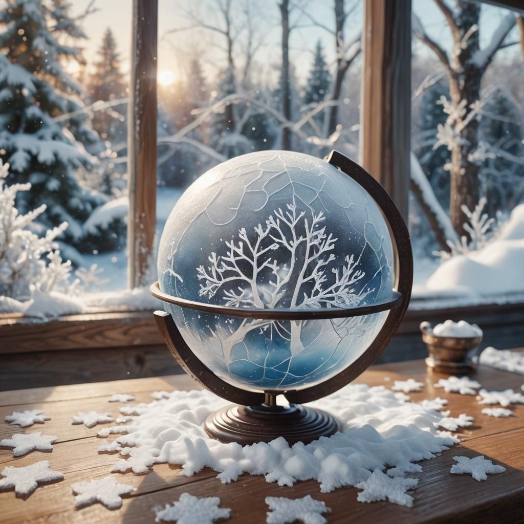 Snow Globe on Wooden Table in Watercolor Style