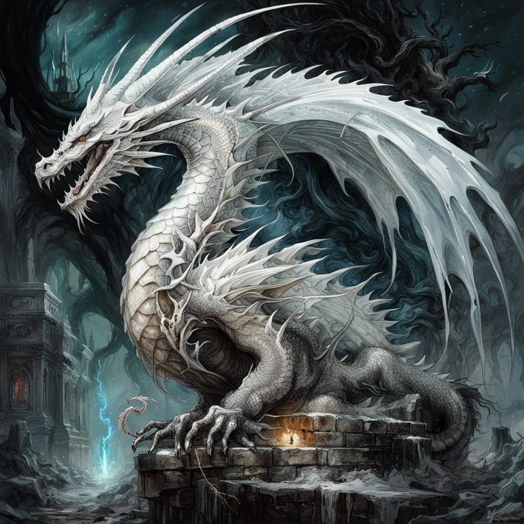 Eerie White Dragon Guarding Graveyard in Dark Fantasy Style