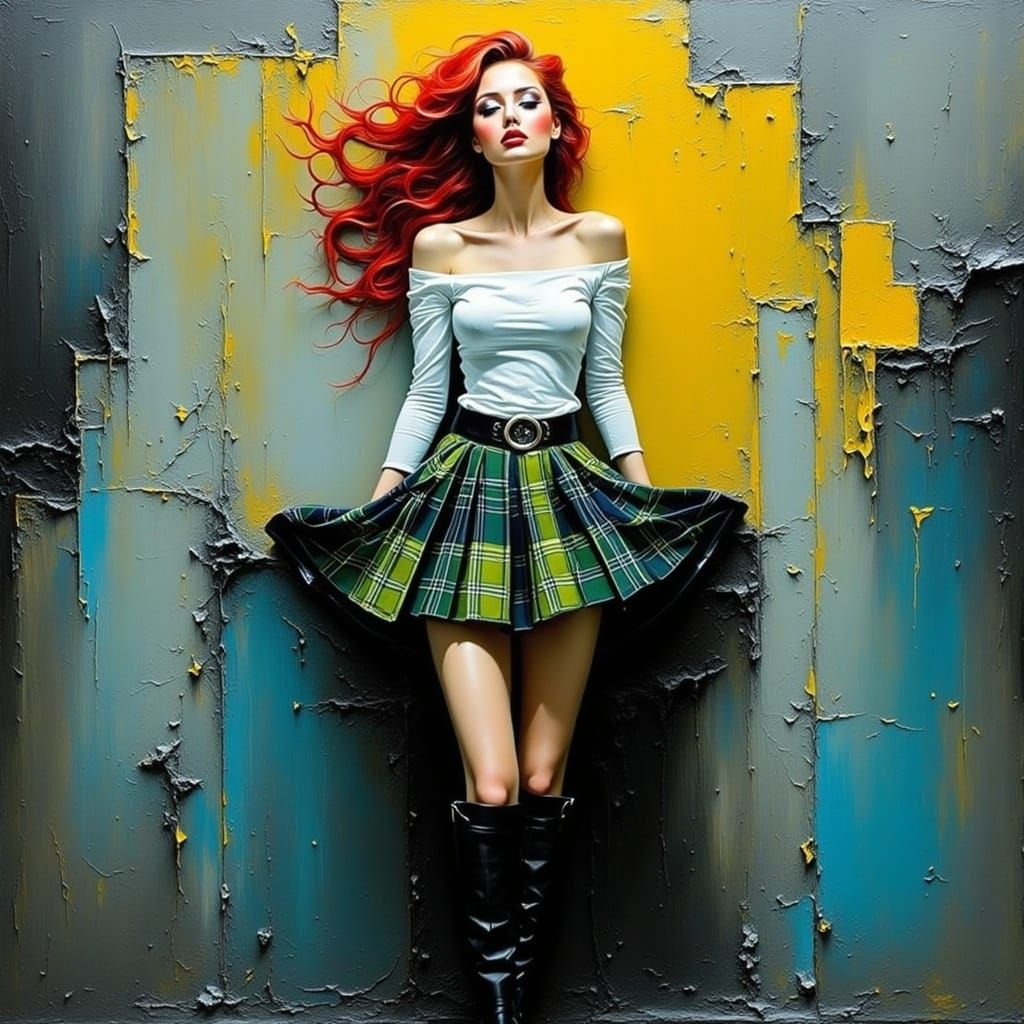 Impasto Style Woman in Vibrant Plaid Miniskirt