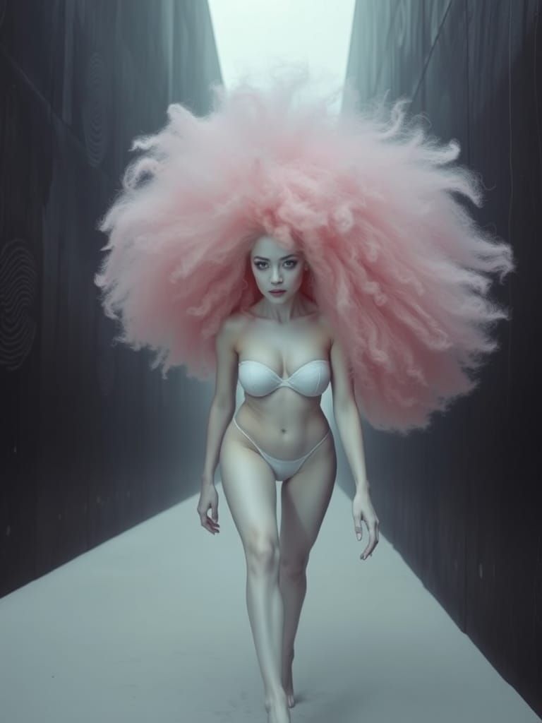 Albino Woman with Pink Afro and Latex Outfit