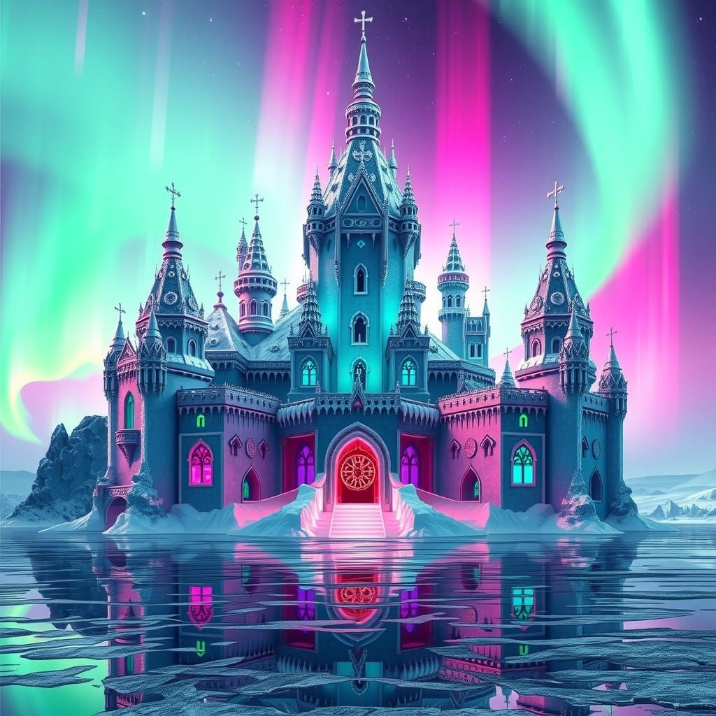 Ethereal Ice Castle Under Northern Lights with Neon Accents
