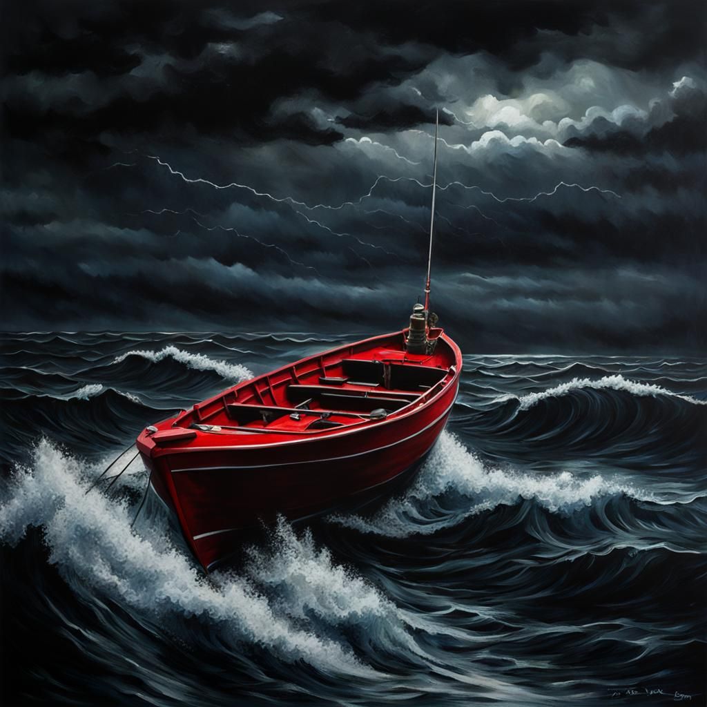 Stormy Black Lagoon: Red Fishing Boat on Dark Sea