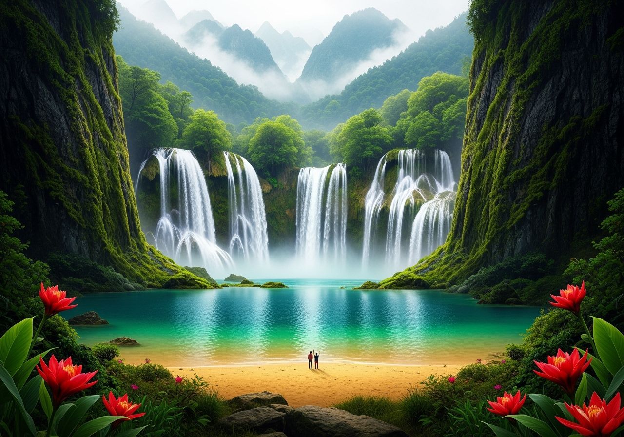 Majestic Waterfall in a Lush Fantasy Landscape
