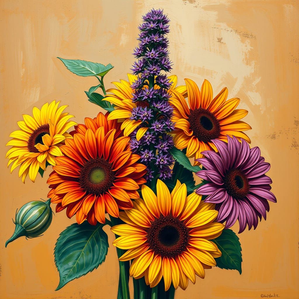 Vibrant Blooms Entwined with Regal Pokeweed, in Expressive P...