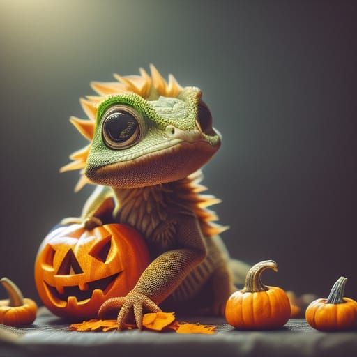 Grumpy Bearded Dragon in Pumpkin Costume