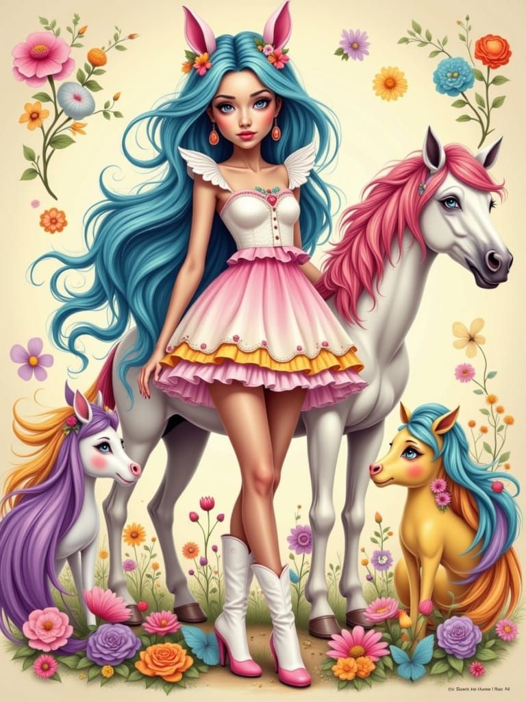 Whimsical Woman with Pastel Horses and Boots