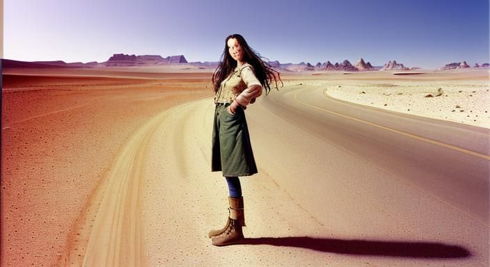 Alanis Morissette standing in the middle of a road in a dese...