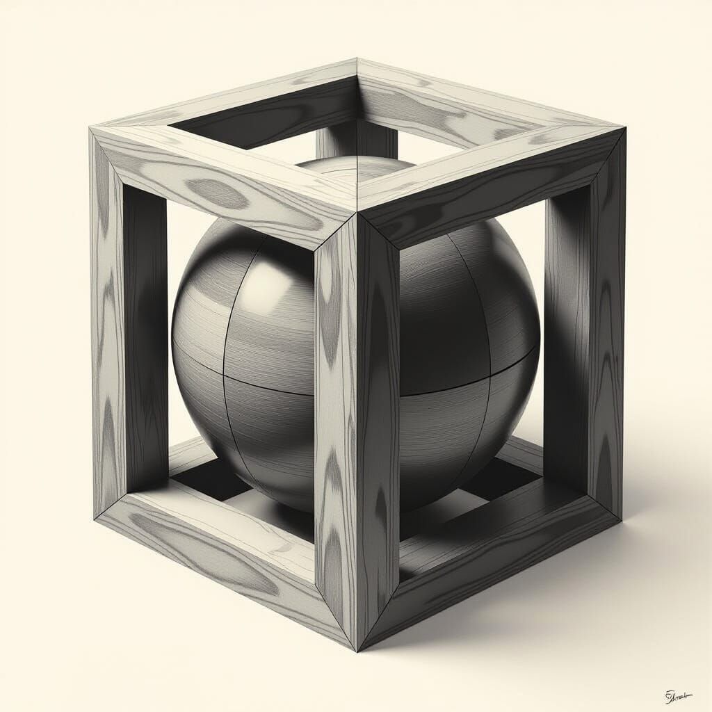 Monochromatic 3D Cube Encasing Wooden Sphere