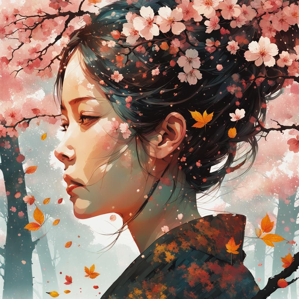 Double Exposure Portrait: Blossoms Merge with Autumn Forest