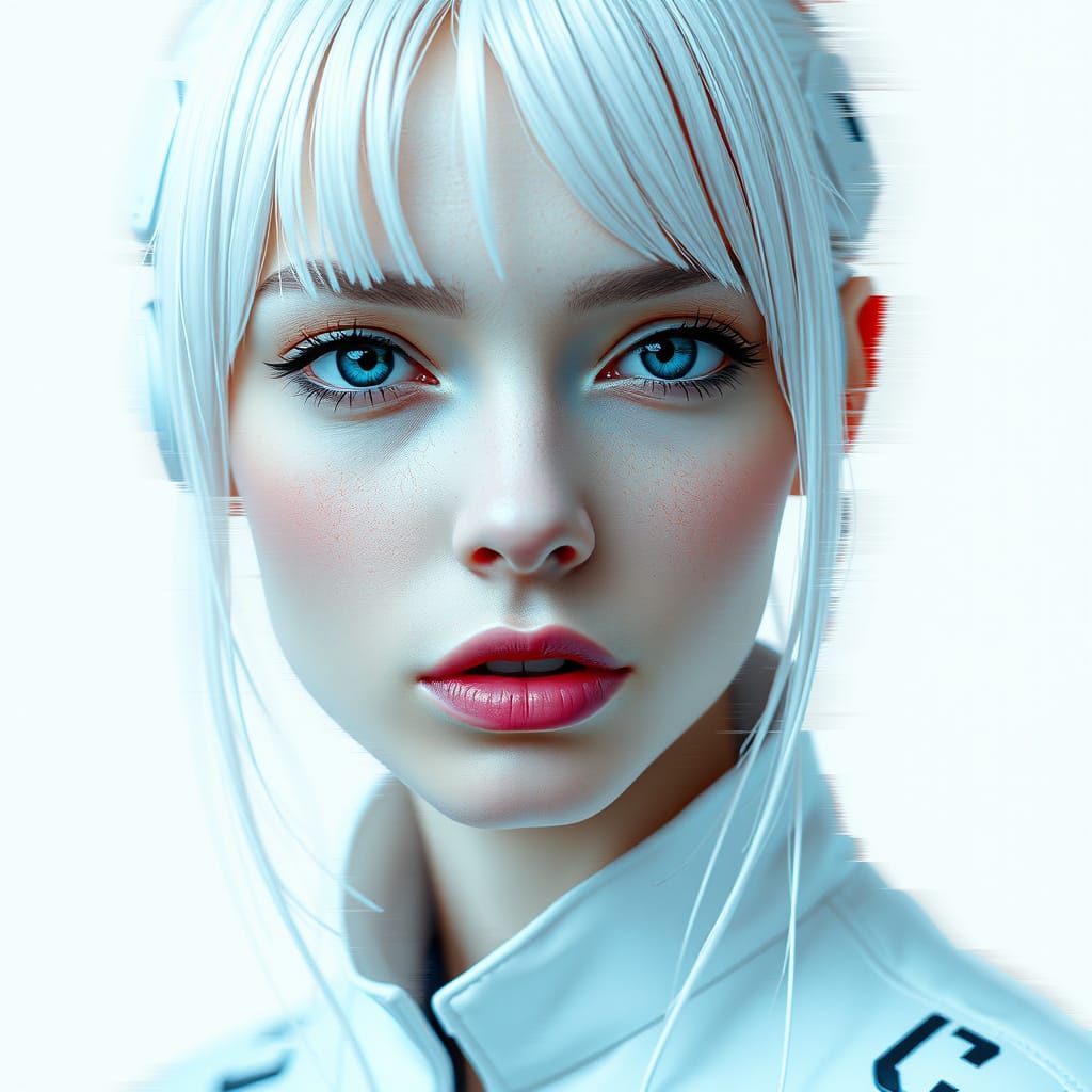 Glitch Portrait: Cybernetic Android Woman in White