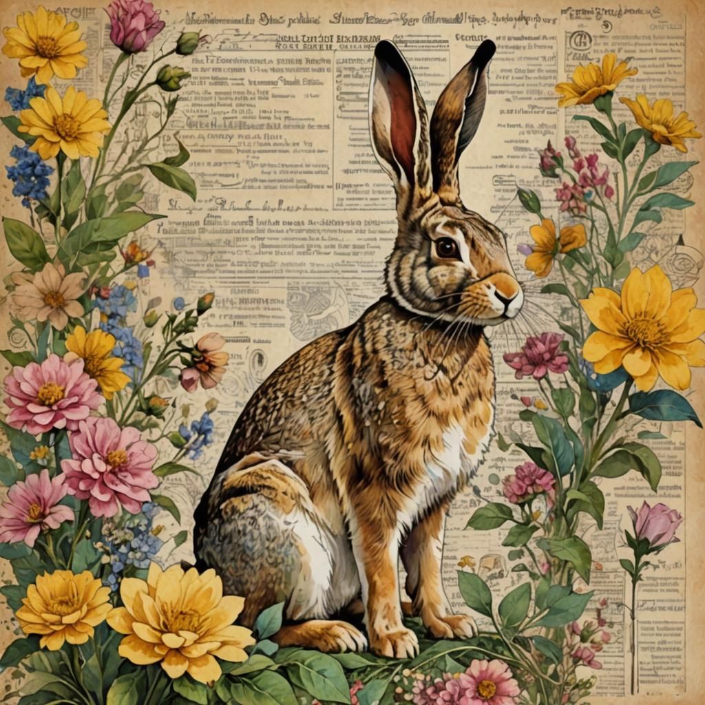 Whimsical Rabbit Poster with Floral Collage and Ink Splashes