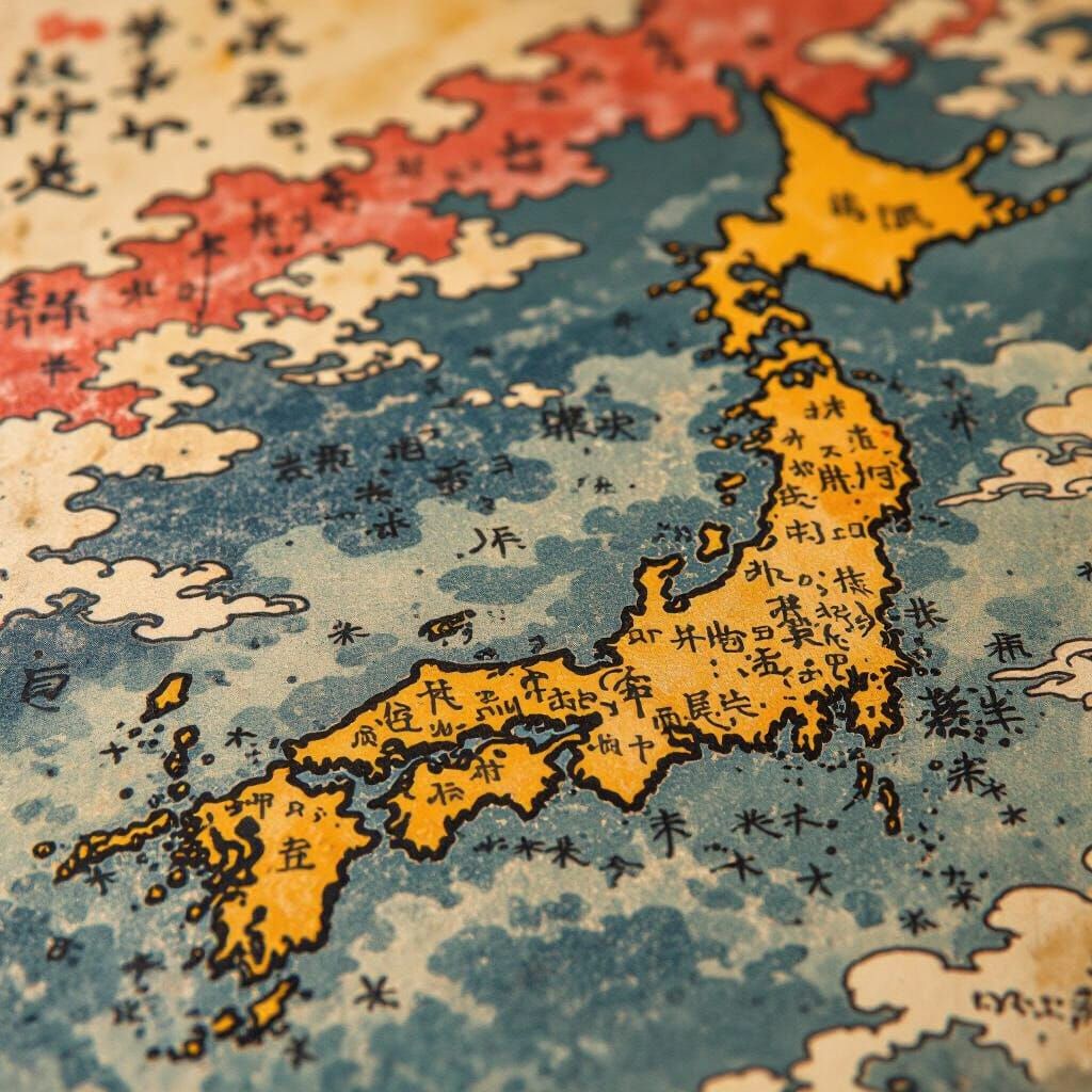Fantasy Map Close-Up in Ukiyo-e Woodblock Style