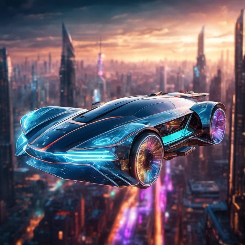 Holographic Flying Car over Cyberpunk Cityscape