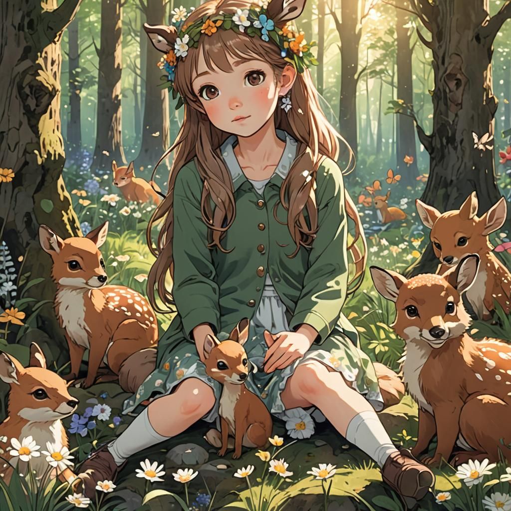 Child with Woodland Animals in Anime Style