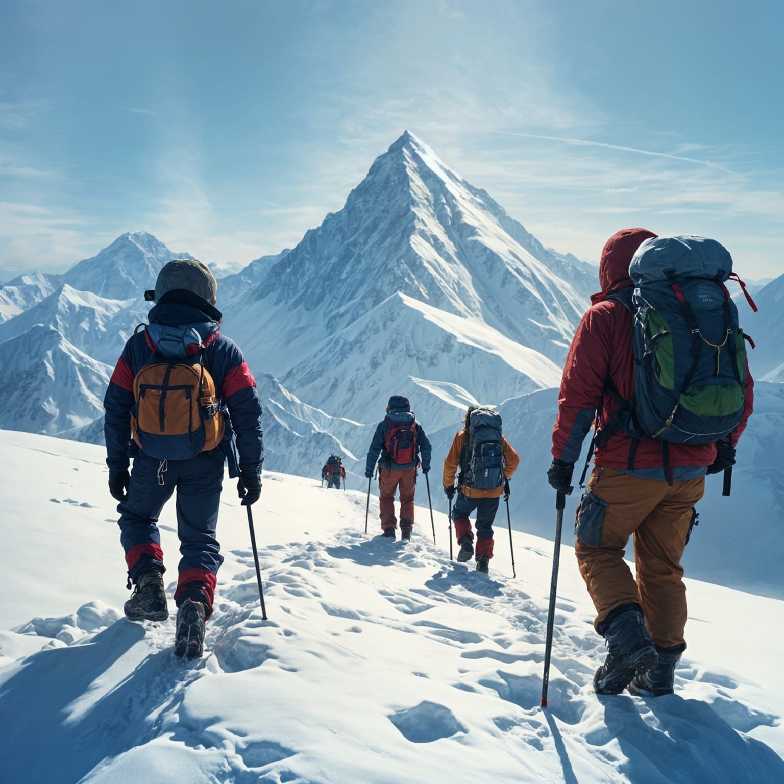 Climbers Ascend Snowy Mount Everest Summit