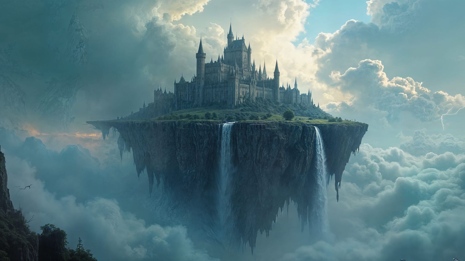 Ancient Castle on Floating Island Amidst Stormy Clouds